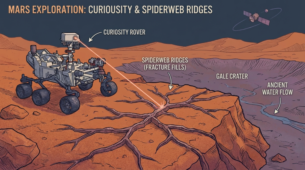 Curiosity rover spiderweb ridges Mars
