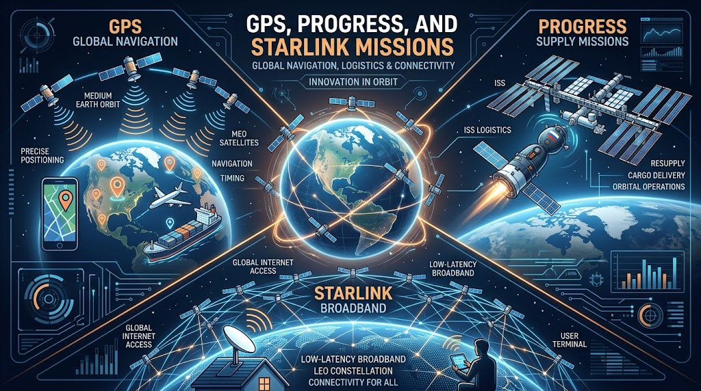 GPS, Progress, and Starlink missions